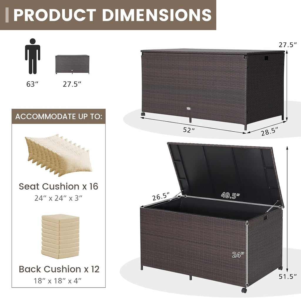 Tangkula 133 Gallon Deck Storage Box, Patio Rattan Storage Container with 2 Universal Wheels, Safety Pneumatic Rod, Zippered Liner, Sturdy Steel Frame, Ideal for Backyard, Poolside