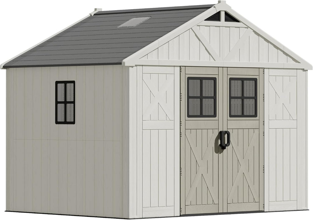 Devoko 10x8 FT Resin Outdoor Storage Shed with Floor, Plastic Tool Garden Shed with Windows & Lockable Door, Outside Large Storage Shed for Patio Backyard Lawn, Beige