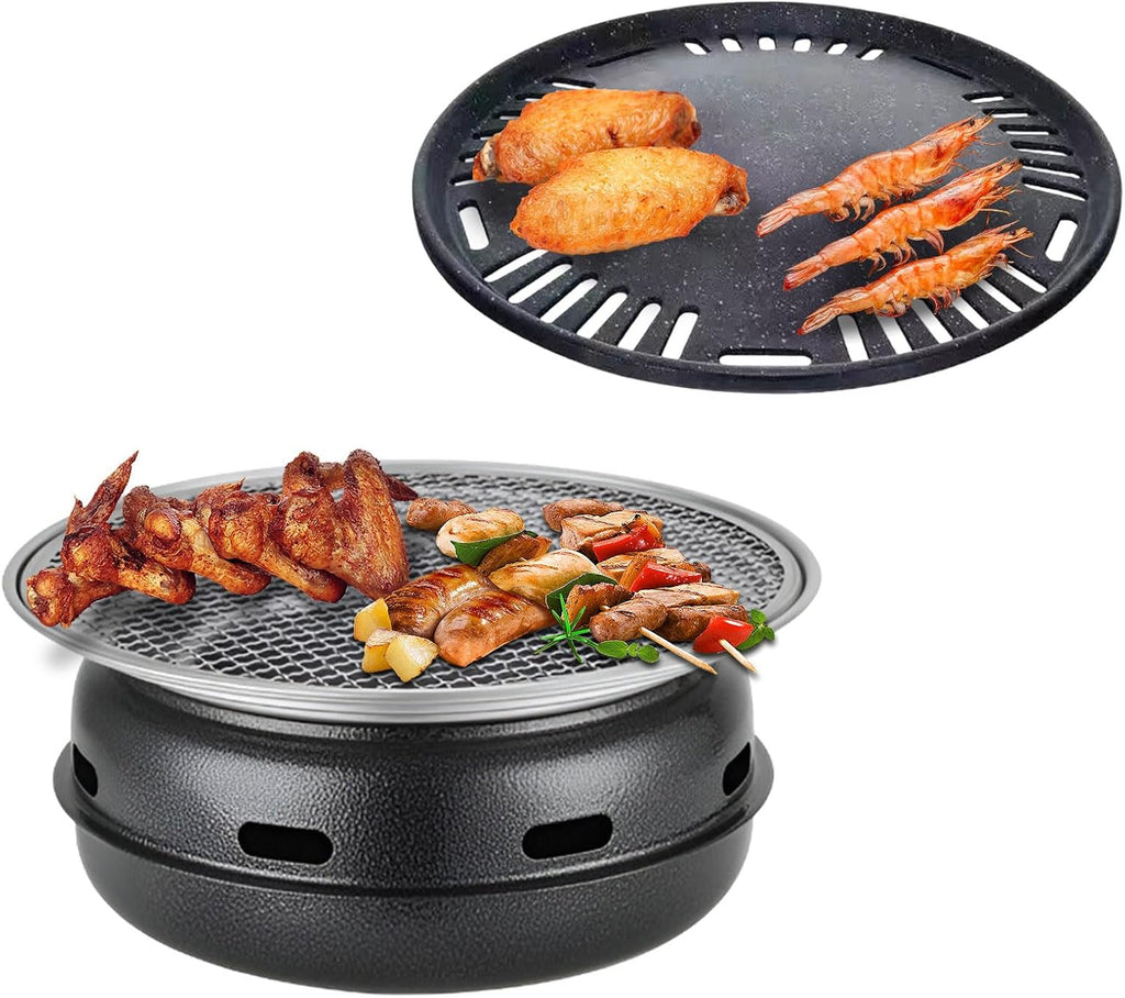 AIZYR Cast Iron BBQ Grill Portable Charcoal Barbecue Grill, Tabletop Outdoor Camping Grill Round Carbon Grill Stove for Patio Garden Travel,Large
