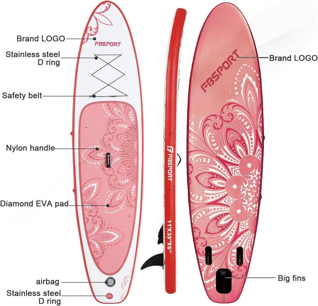 FBSPORT 11' Premium Stand Up Paddle Board, Yoga Board with SUP Accessories & Carry Bag | Wide Stance, Surf Control, Non-Slip Deck, Leash, Paddle and Pump for Youth & Adult