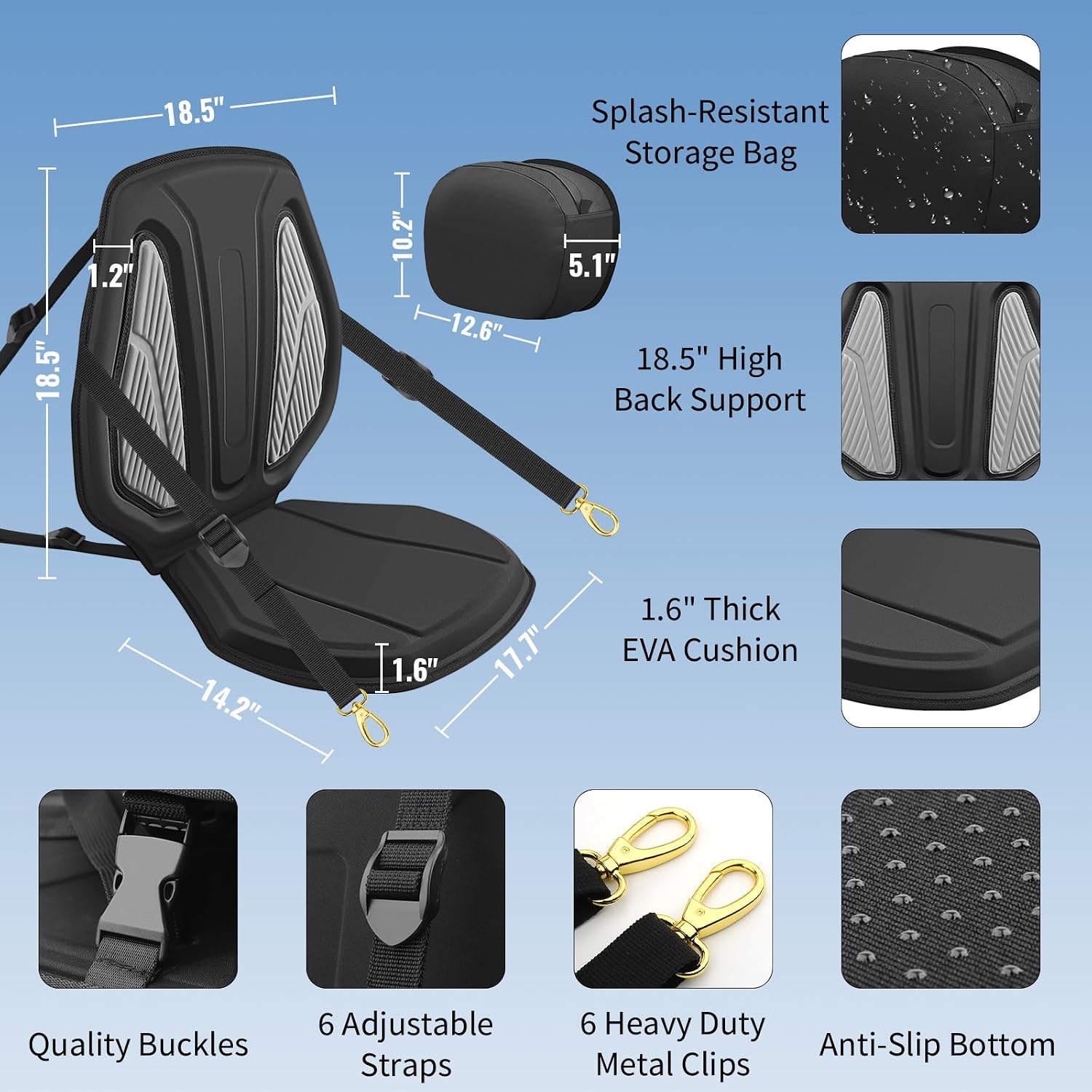 Vashly Kayak Seat with Back Support Universal Thicken Cushion Paddle Board Seat with Storage Bag for Sit-on-Top Kayak, Inflatable Kayaks, SUP, Tandem Kayaks (Strap Security: 6 Adjustable Straps)