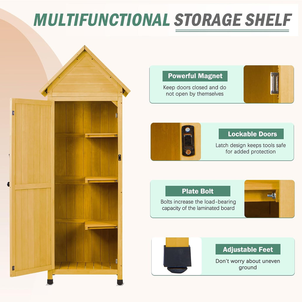 Wooden Outdoor Storage Cabinet,Tall Vertical Garden Tool Shed with Waterproof Metal Roof & Adjustable Feet – Perfect for Yard, Patio, Lawn & Deck (Yellow, 22' x 26' x 67')