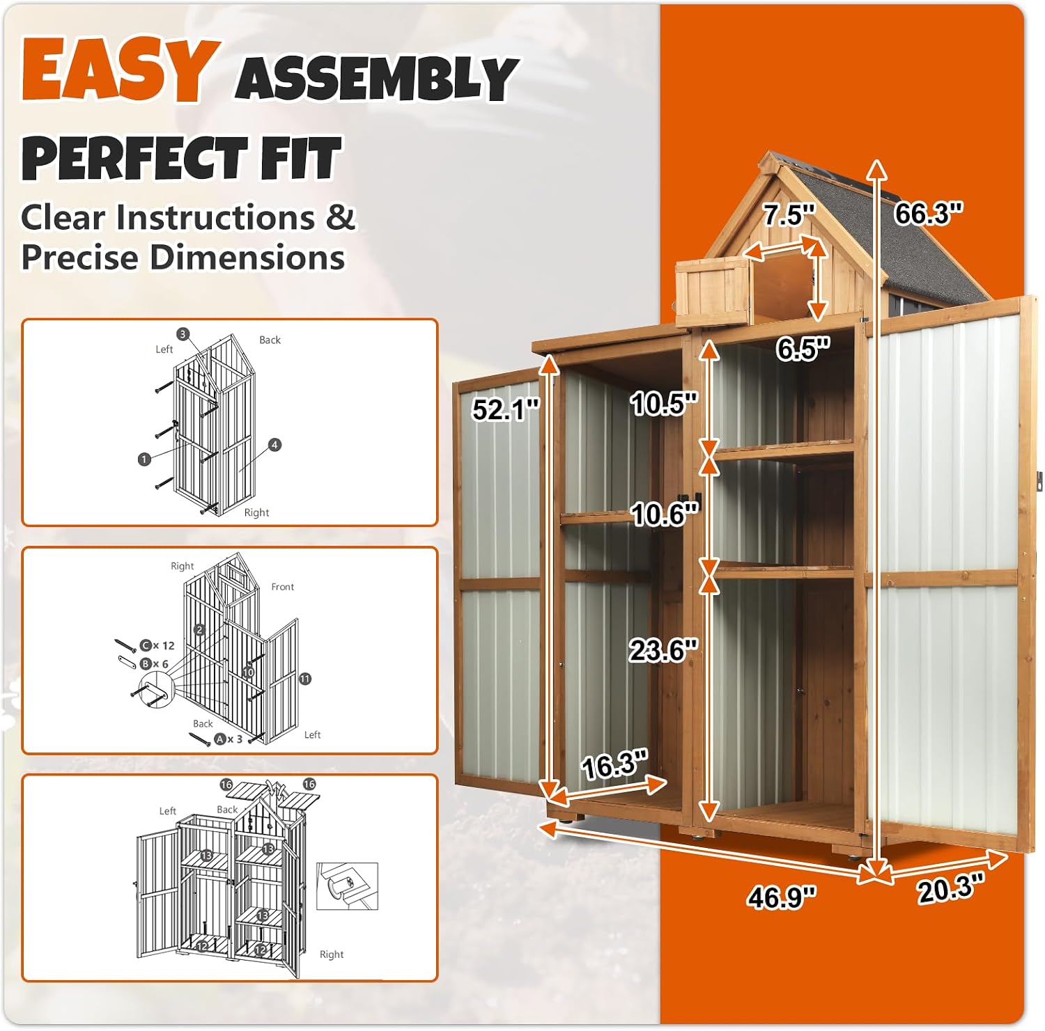 All-in-One Metal & Wood Outdoor Storage Cabinet with Top Compartment, Waterproof Asphalt Roof, Removable Shelves, Heavy-Duty Patio Garage Organizer