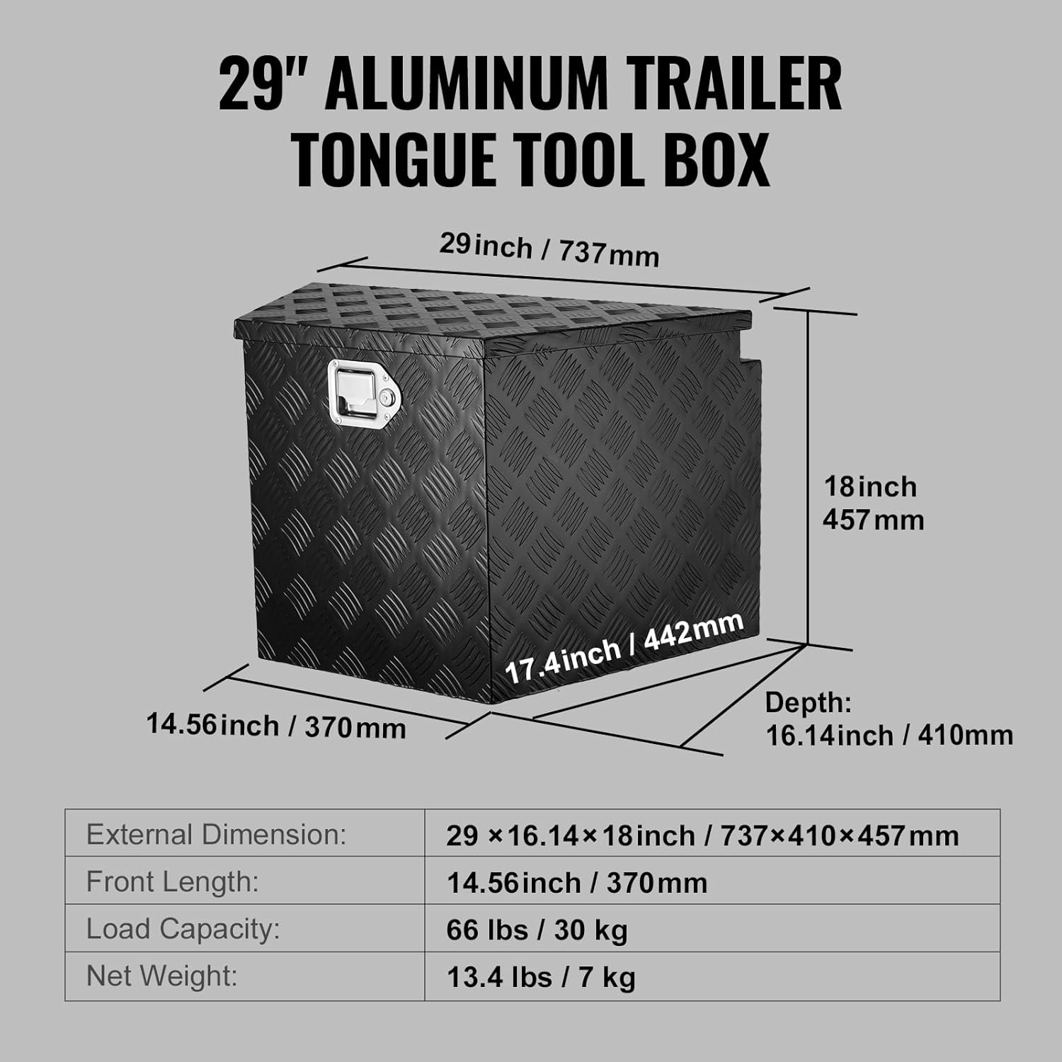 VEVOR Trailer Tongue Box, Heavy Duty Trailer Tongue Tool Box Storage Organizer with Lock & Keys, Utility Tool Chest for Pickup Truck Bed, RV, SUV, Off-Road Vehicle, Aluminum, 29' x 16.2' x 18', Black