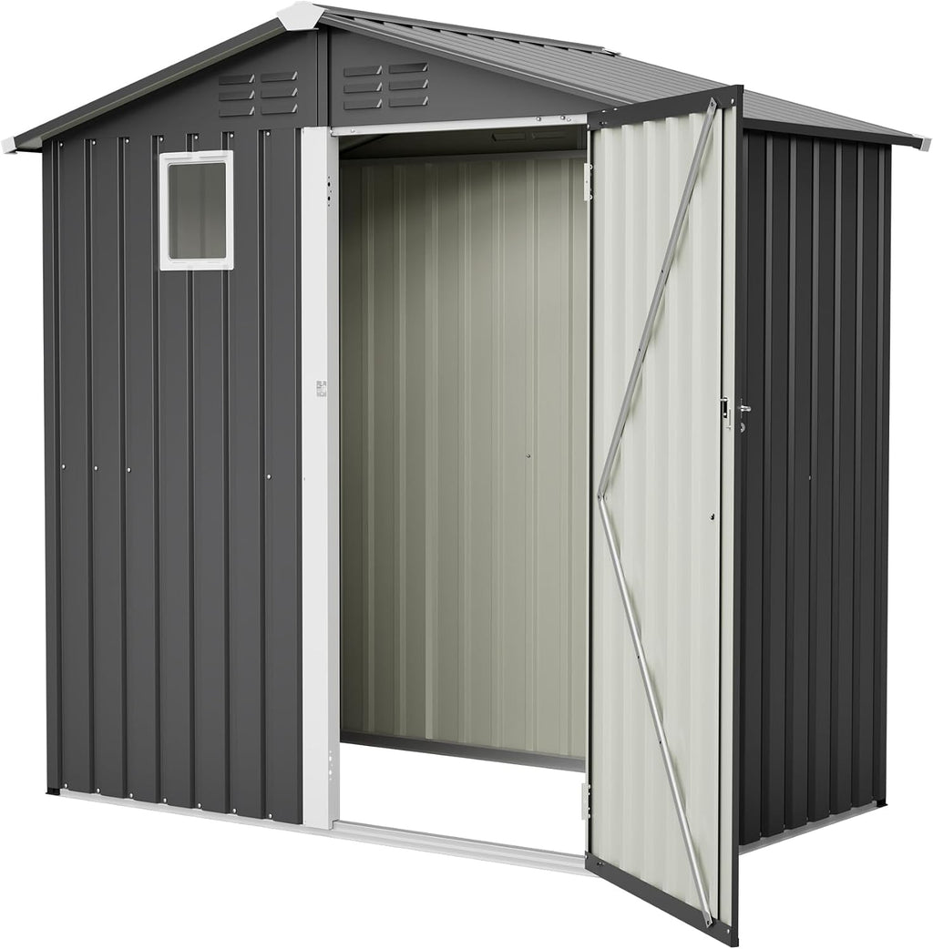 6x4ft Tool Storage Shed with Lockable Doors & Window, Metal Garden Tool Shed with Sloped Roof, Steel Outdoor Storage Shed for Garden, Patio, Garage, Backyard, Lawn - Dark Gray