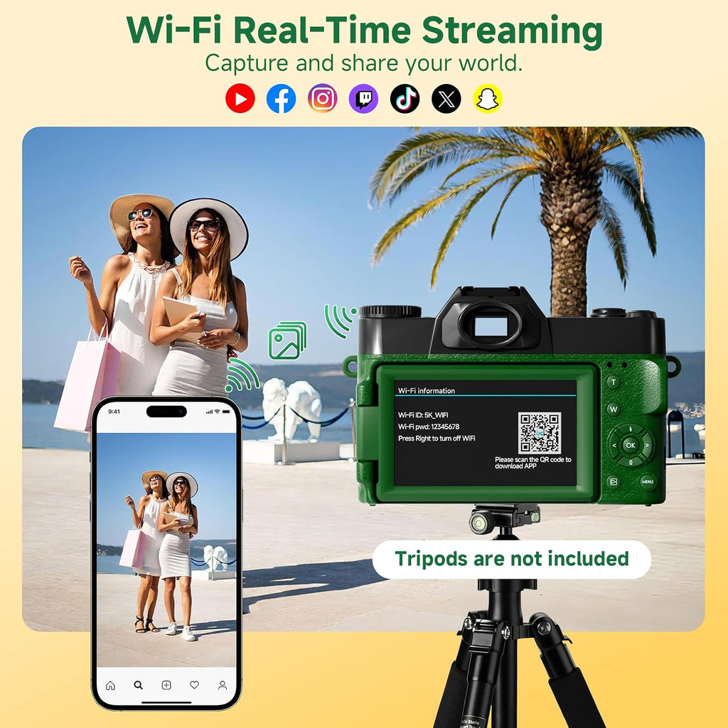 Digital Camera,UHD 75MP 5K Digital Camera for Photography with WiFi,64GB SD Card Vlogging Camera for YouTube,Travel Camera Featuring 3' 180°Flip Screen,Suitable for Beginners and Teens,Green