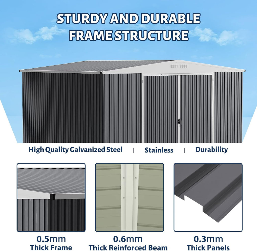 GarveeLife 9x12 Shed for Outdoor Storage, Galvanized Steel Metal Tool Sheds House with Lockable Doors, Lock & Air Vent, Large Utility Sheds for Patio Garden Lawn (9x12.6, Grey)