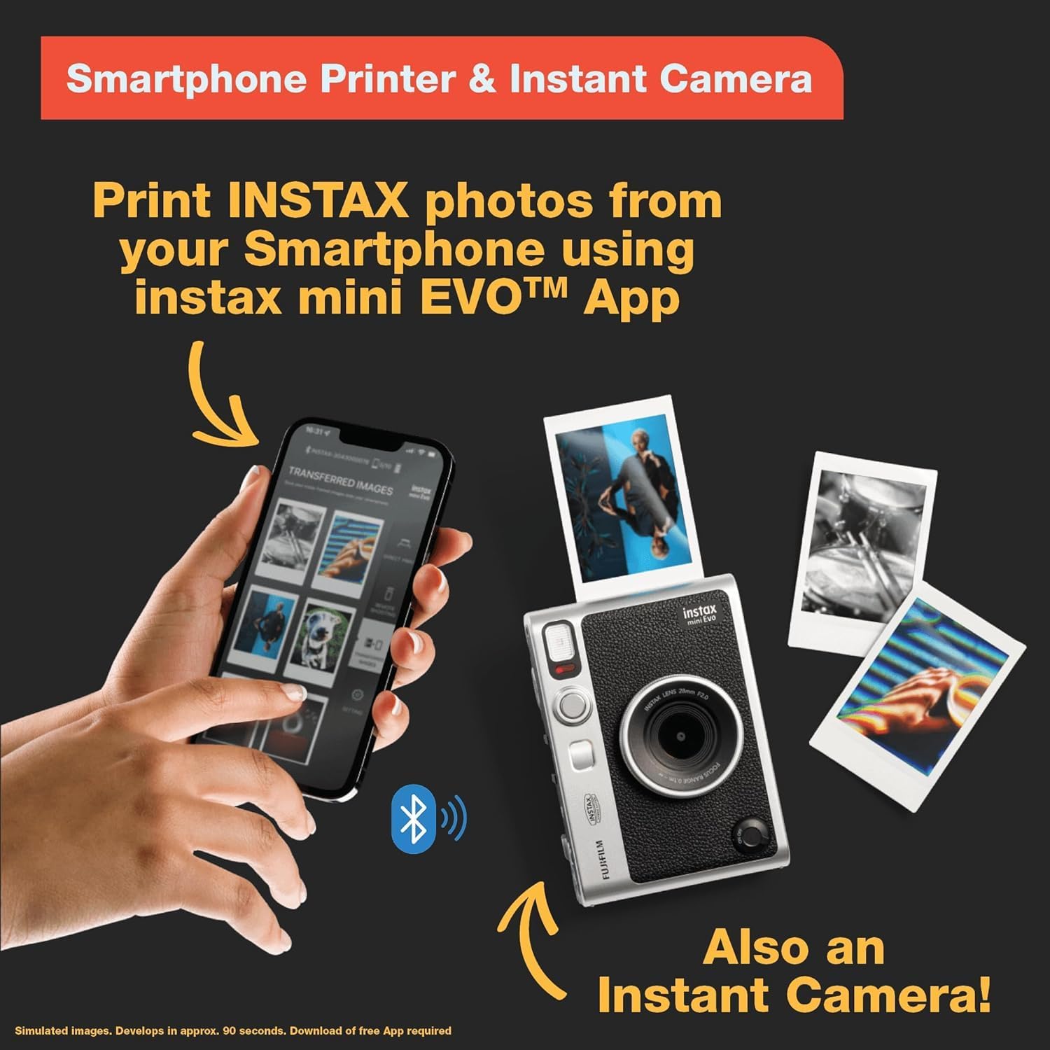 Fujifilm Instax Mini EVO Instant Camera with Sunshine Photo Microfiber Cleaning Cloth (Camera + 3 Twin Packs, Brown)
