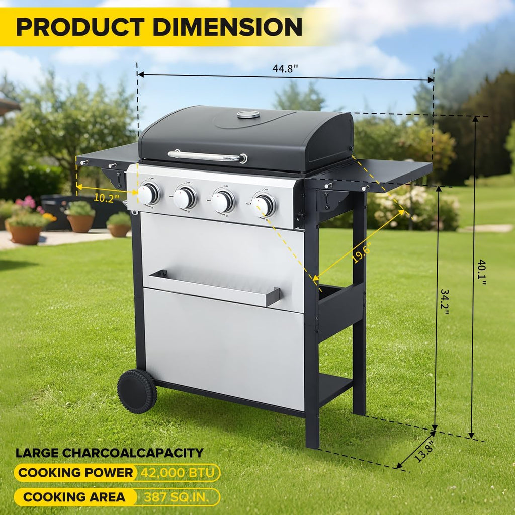 CIG GARDEN 4-Burner Propane Gas Grill, 42,000 BTU Stainless Steel BBQ with Foldable Side Tables, Outdoor Grill for Patio, Garden, Backyard & Camping