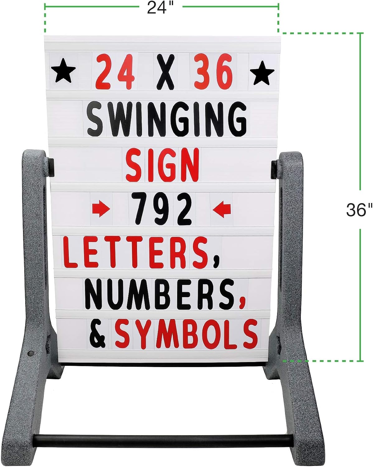 Swinging Changeable Message Sidewalk Sign: 24' x 36' Sign with 792 Pre-Cut Double Sided Letters and Storage Box. Includes Black Board & Letter Board (Granite Color Legs)