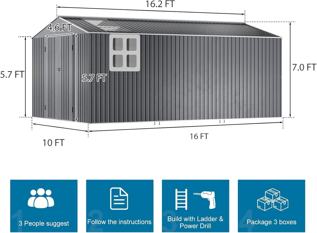 10x16 FT Metal Outdoor Storage Shed with Unique Floor Base Clear Roof Lockable Door Windows Vents,Waterproof Heavy Duty Reinforced Frame Sheds for Yard Store Bikes Large Lawnmower,Dark Grey