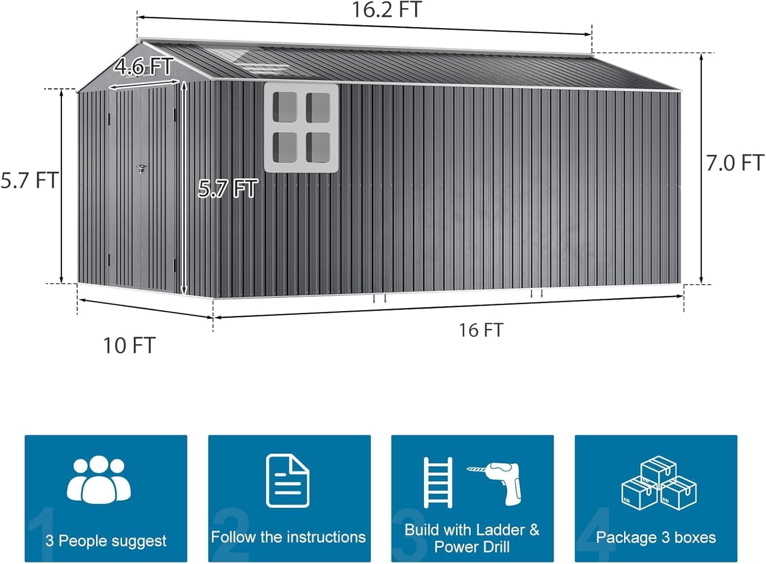 10x16 FT Metal Outdoor Storage Shed with Unique Floor Base Clear Roof Lockable Door Windows Vents,Waterproof Heavy Duty Reinforced Frame Sheds for Yard Store Bikes Large Lawnmower,Dark Grey