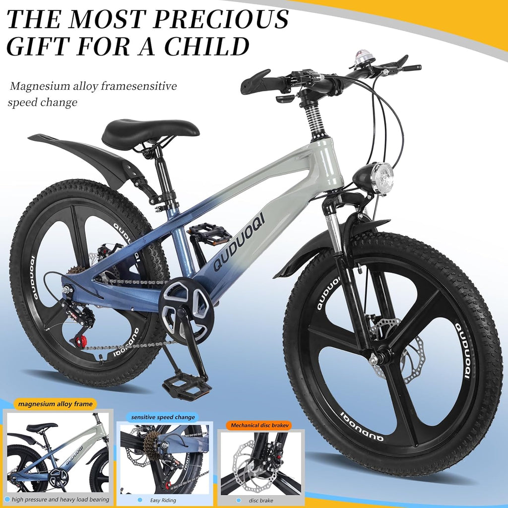 20 Inch Mountain Bike Bicycle for Kids Ages 7-12 with Dual Disc Brakes, 7 Speeds, Shock Absorber, LED Lights,for Boys & Girls