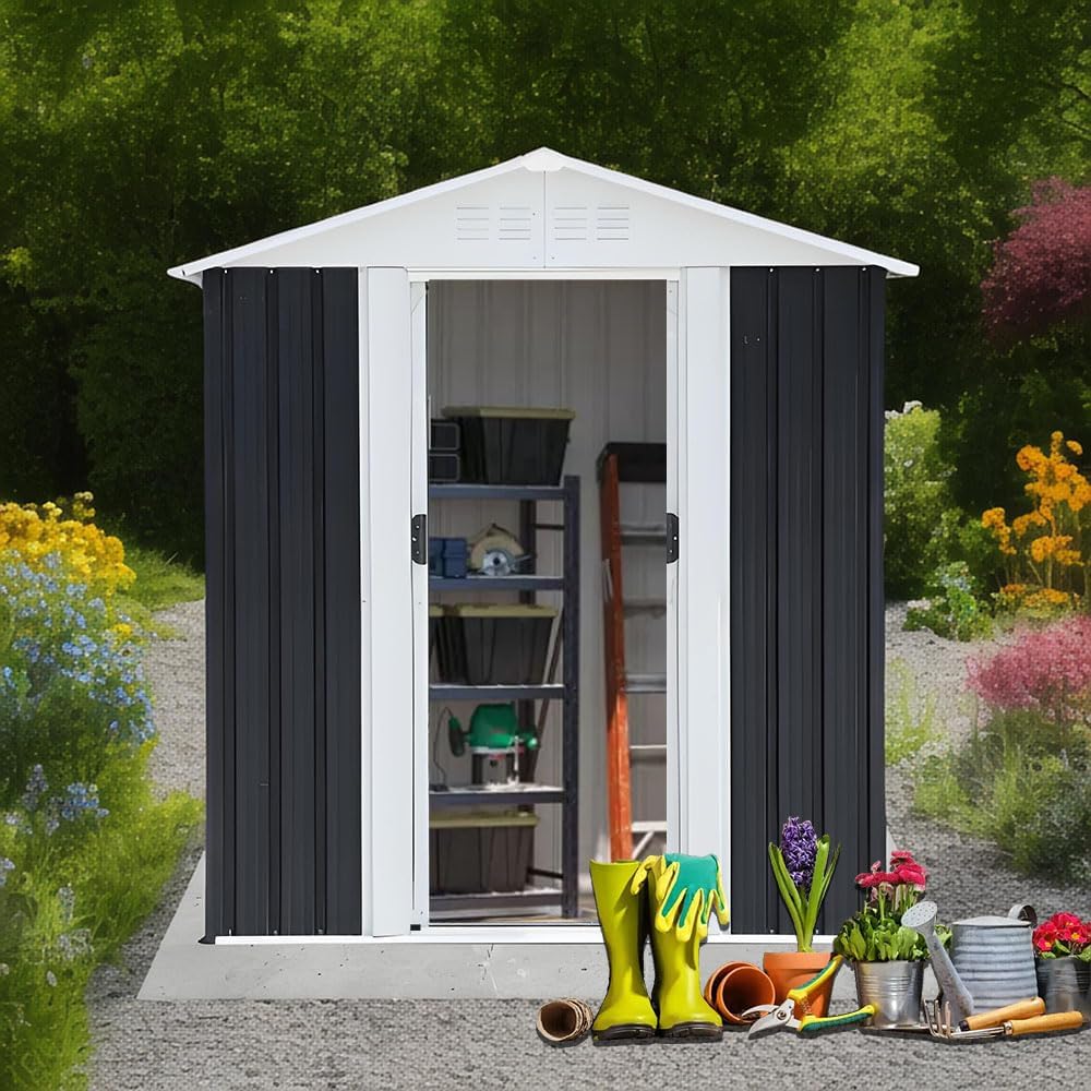 5FT x 3FT Outdoor Storage Metal Anti-Corrosion Utility Tool House with Lockable Door & Shutter Vents，Outdoor Waterproof Garden Tool Storage Sheds（with Metal Foundation）