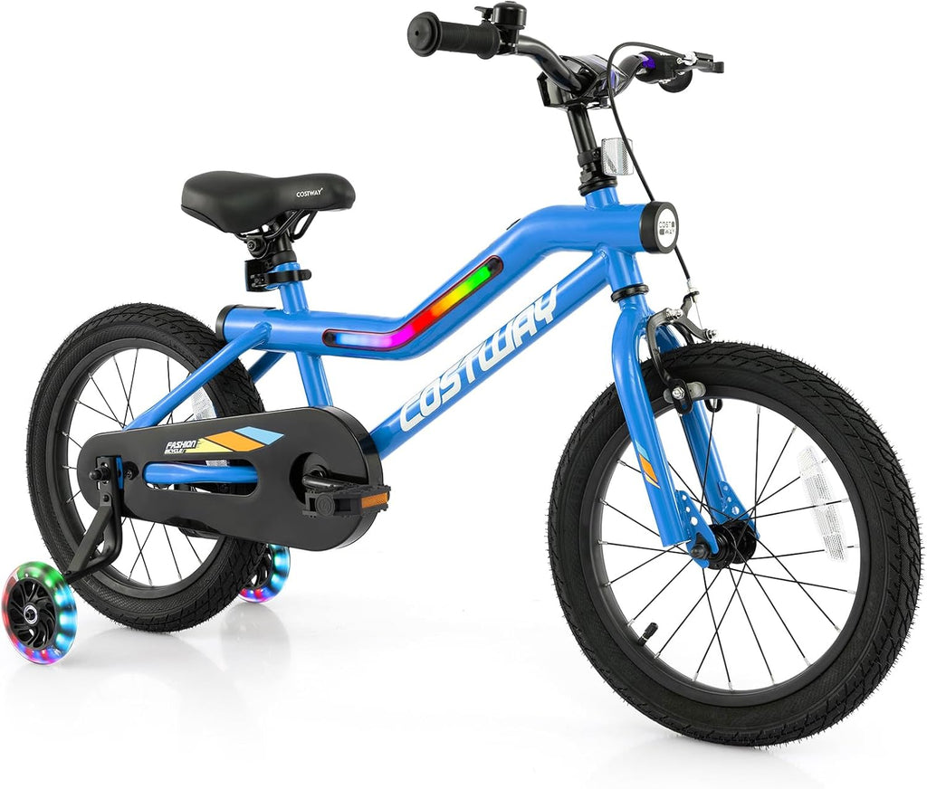 COSTWAY 16'/18' Lighted Kids Bike, Children Sport Bicycle with LED Light-up Frame, Adjustable Saddle, Training Wheels, Handbrake & Coaster Brake, Kids Riding Bike for 4-7/4-8 Years Old Boys & Girls