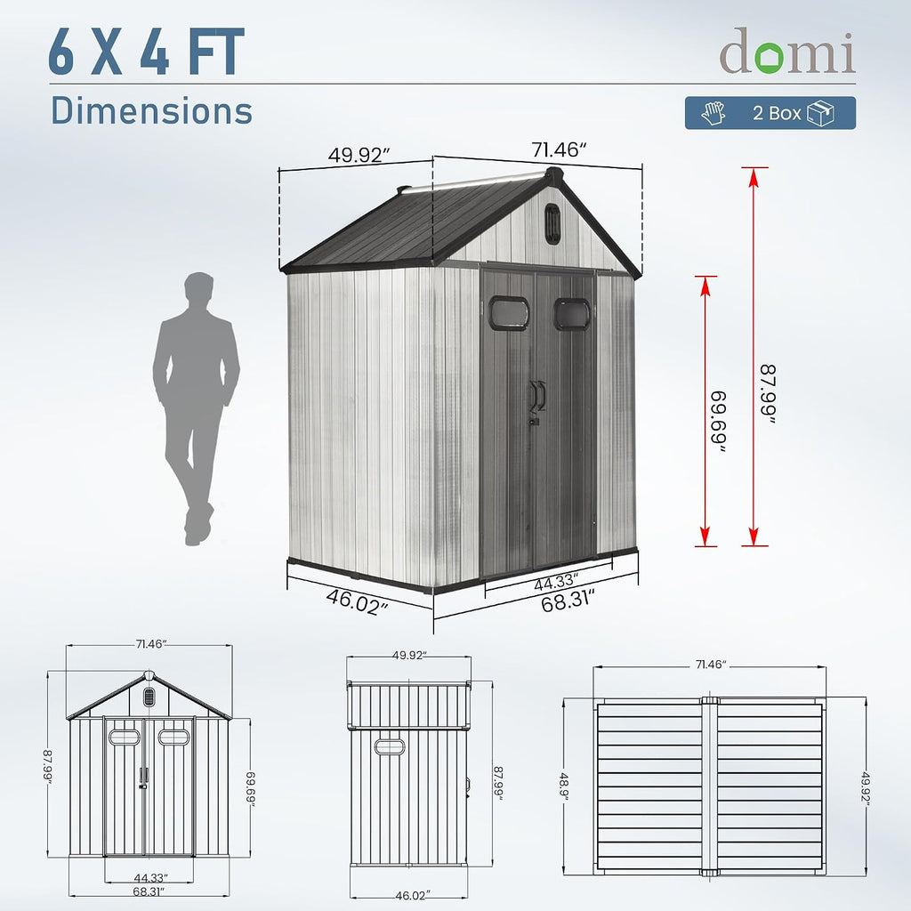 Domi 6x4 FT Outdoor Resin Storage Shed, All-Weather Double-Wall Storage Building for Backyard, Garden, Lawn Tools, Mower, Bike & Pool Equipment, Lockable Doors, Ventilated Roof, Grey