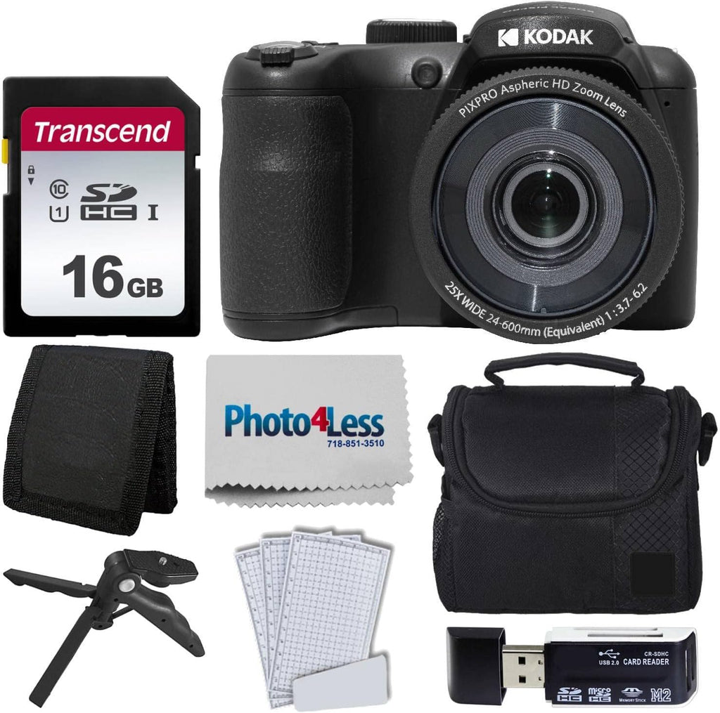 Kodak PIXPRO AZ255 Digital Camera (Black) + Point & Shoot Camera Case + 16GB Memory Card + USB Card Reader + Table Tripod + Accessories