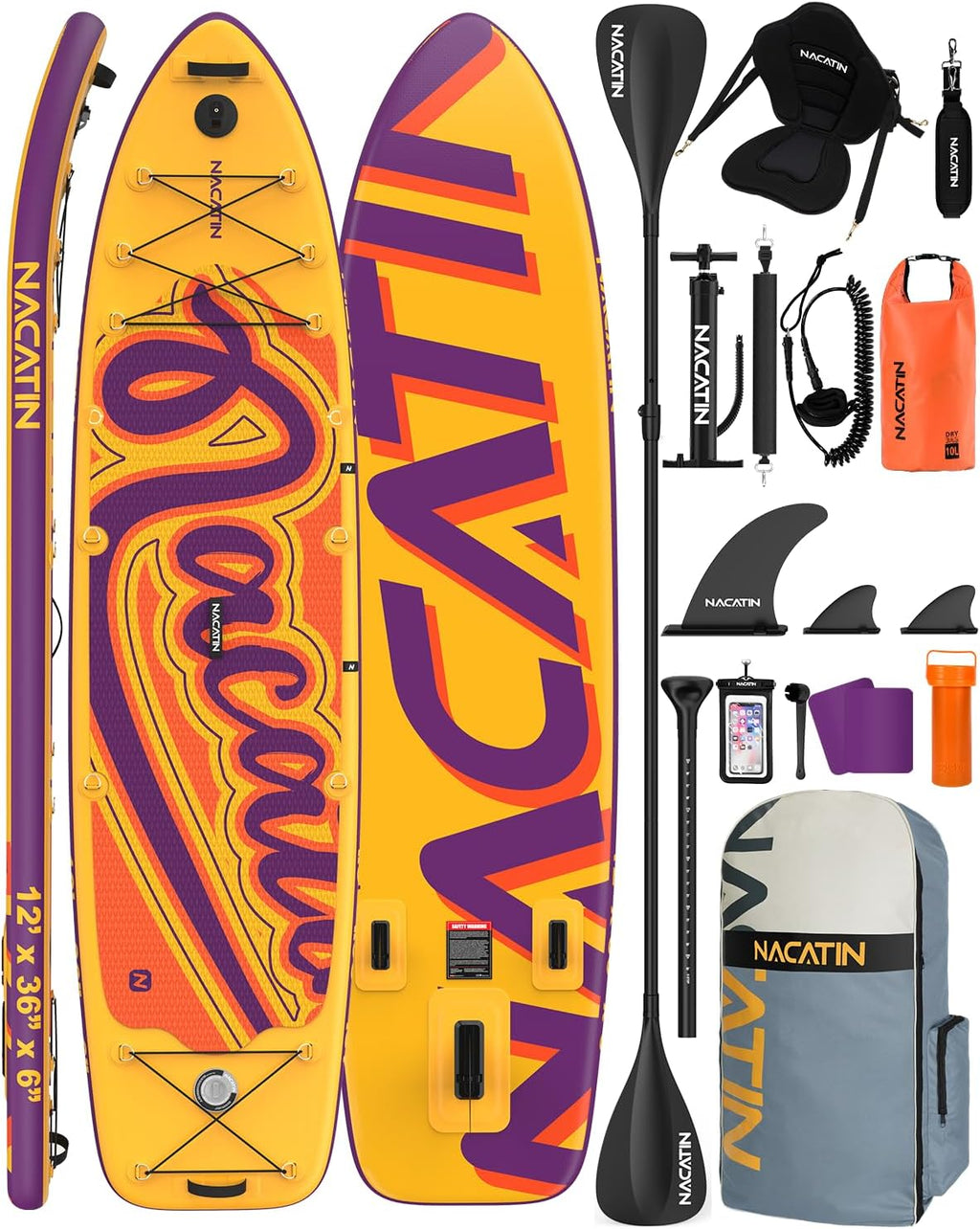 NACATIN 12'/366cm Extra Large Inflatable Stand Up Paddle Board with Seat, Wide 36'/91cm SUP Board for Adults & Family, with Single/Double Paddle, Kayak Seat, Pump, Stable Wide Deck for Beginners
