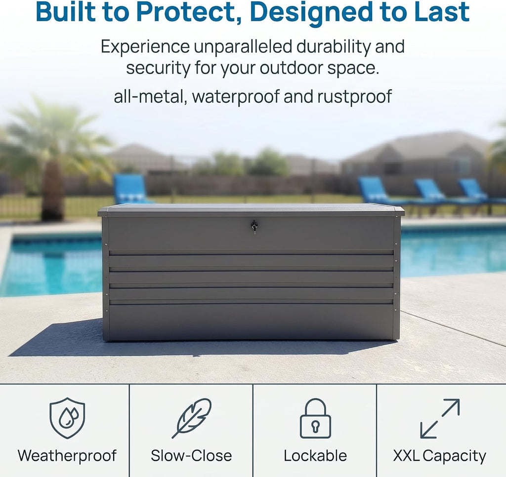 260 Gallon Deck Box, Metal Large Deck Box, Waterproof Deck Storage Box, Pool Storage Box with Lockable Storage Containers, Light Gray