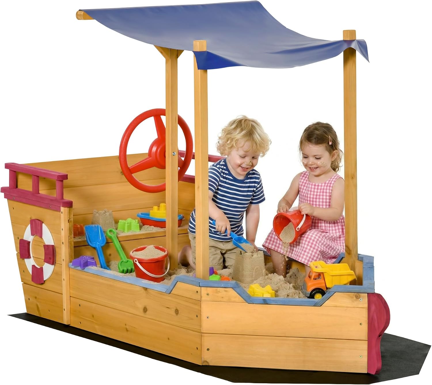 Outsunny Wooden Kids Sandbox with Canopy, Ship-Shape Outdoor Sandboat with Bench Seats, Storage, Non-Woven Fabric Cloth for Backyard, Lawn, Orange