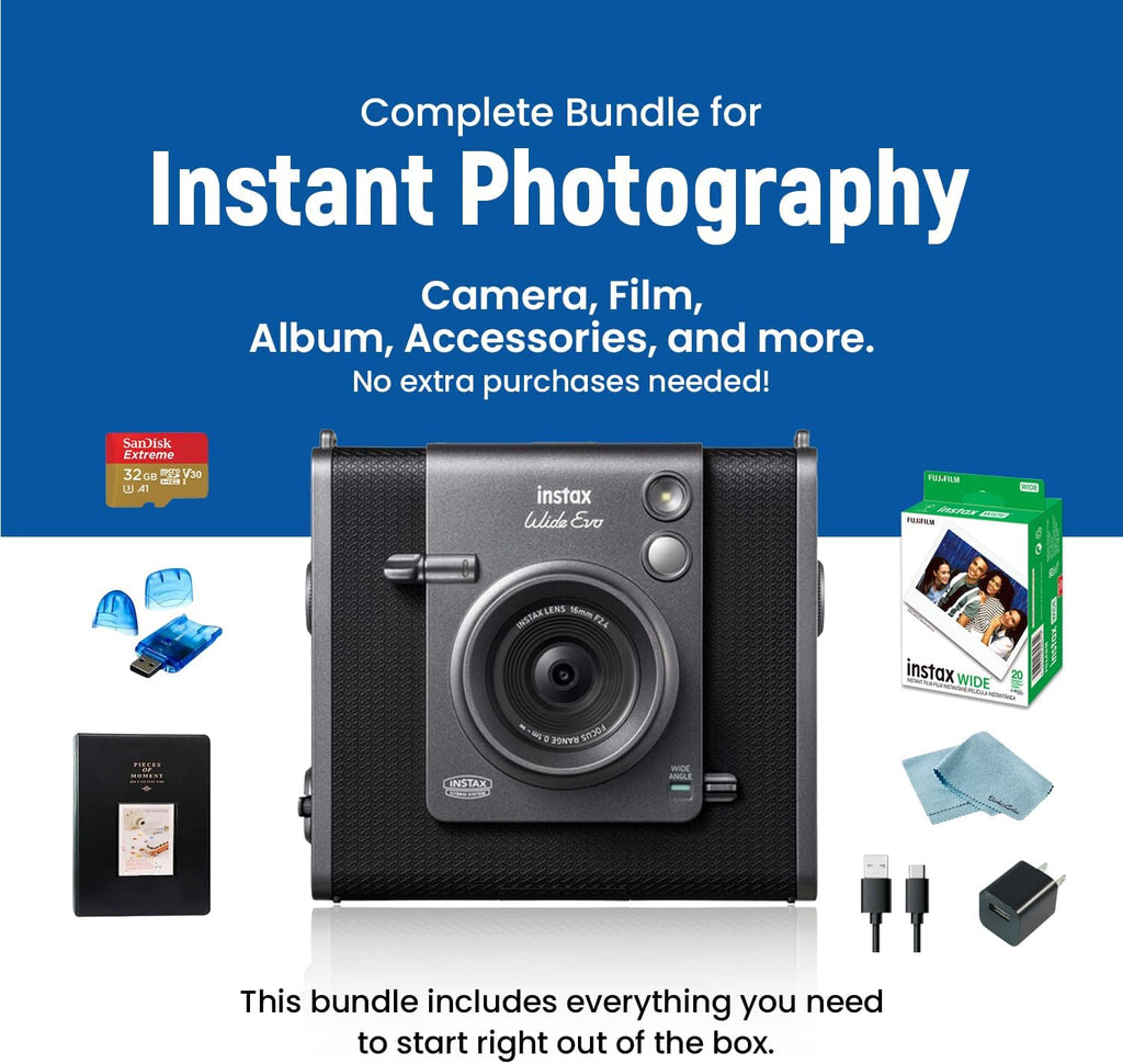 Fujifilm Instax Wide Evo Hybrid Instant Film Camera Bundle + Fujifilm Wide Film (20 Sheets), 32GB SanDisk microSD Card, Card Reader, Album & Frames, USB-C Cable, Wall Plug & BluebirdSales Cloth