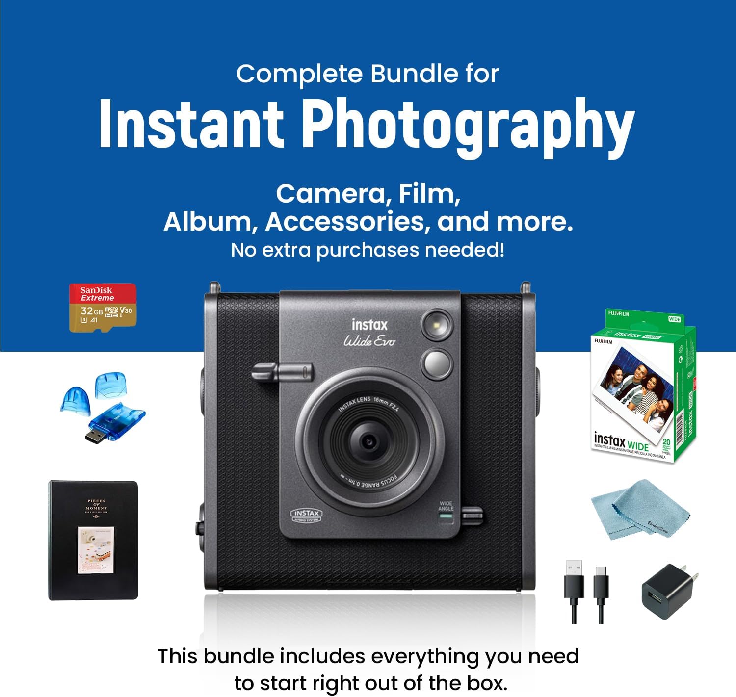 Fujifilm Instax Wide Evo Hybrid Instant Film Camera Bundle + Fujifilm Wide Film (20 Sheets), 32GB SanDisk microSD Card, Card Reader, Album & Frames, USB-C Cable, Wall Plug & BluebirdSales Cloth