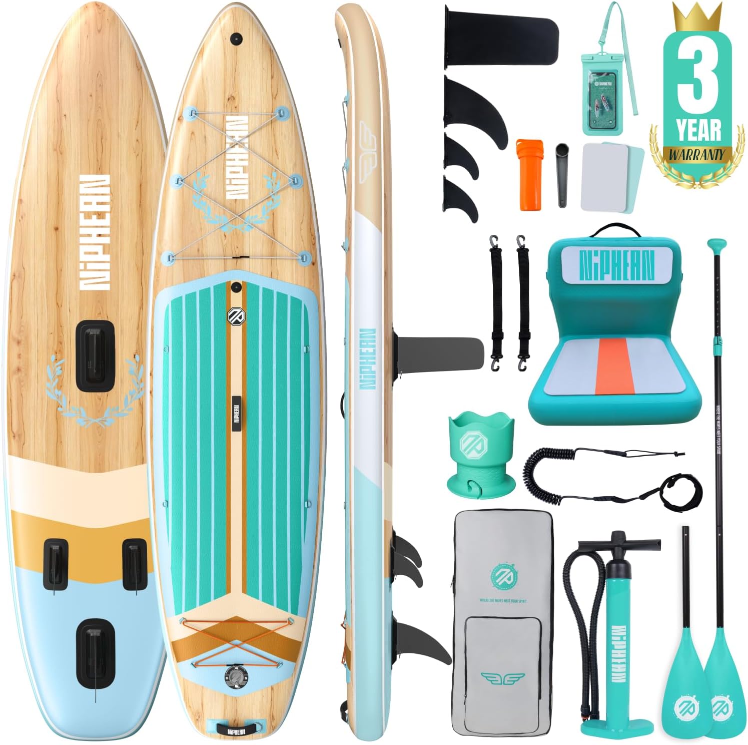 Niphean (Extra Large) Inflatable Paddle Board, SUP for 2+1 People/Family 500lbs Capacity Stand Up Paddle Board with SUP Accessories, StabilTrac Fin Non-Slip Paddleboard for Adults