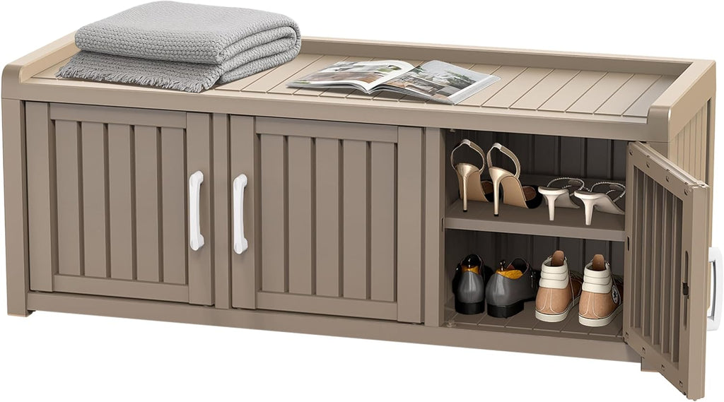 EasyUp Shoe Bench Entryway, Waterproof Resin Shoe Cabinet,Outdoor Shoes Storage Bench, 2-Tier Hallway Shoes Rack with Adjustable Shelves for Entryway, Living Room, Bedroom