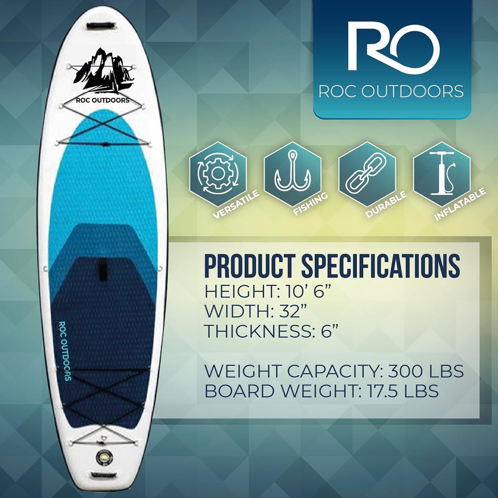 Roc Inflatable Stand Up Paddle Board 10' 6' with Premium SUP Paddle Board Accessories, Wide Stable Design, Non-Slip Comfort Deck for Youth & Adults