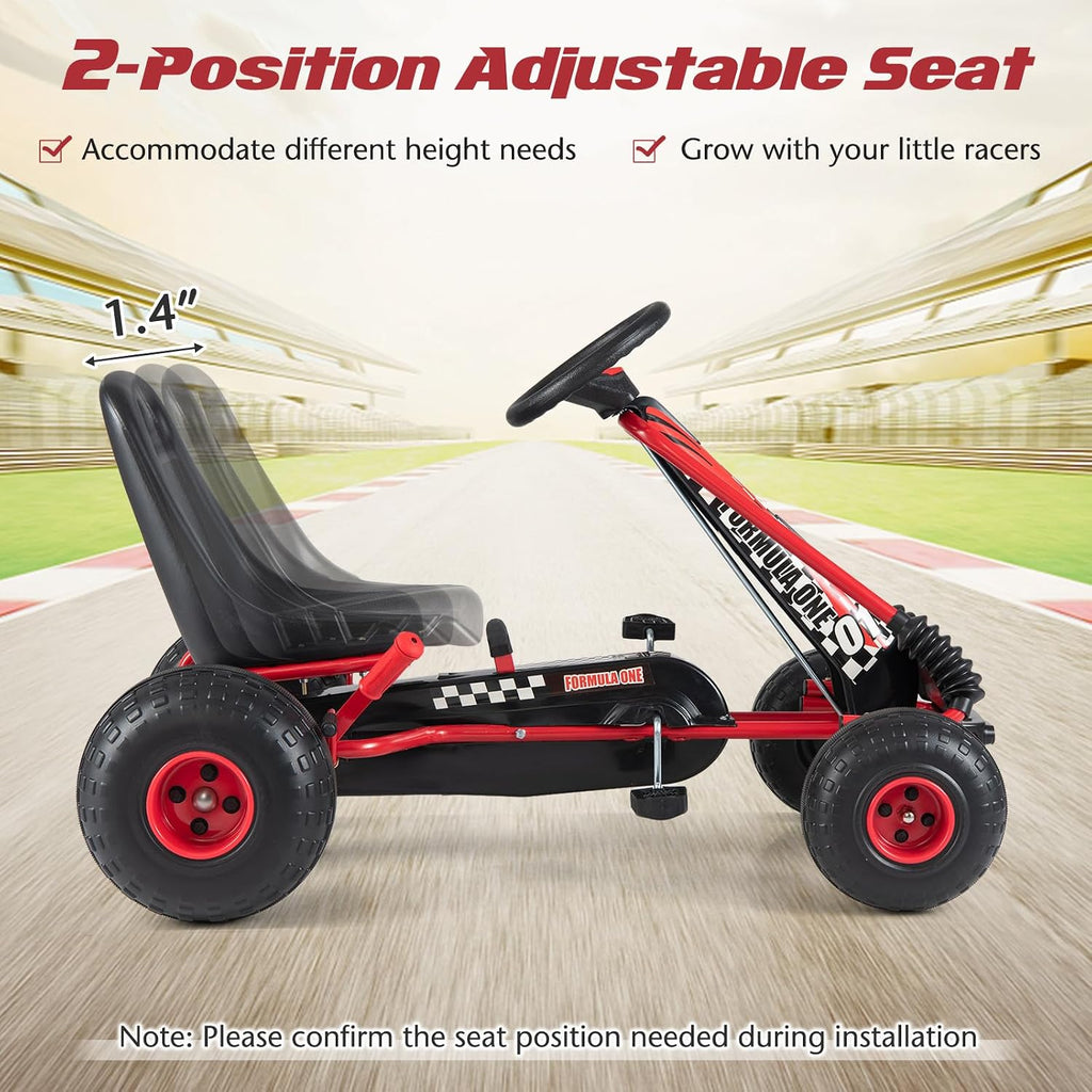 HONEY JOY Pedal Go Kart, 4 Wheeler Toddler Racing Ride On Pedal Car Toy, Forward/Backward, Ergonomic Seat, Handbrake, Steering Wheel, Outdoor Off-Road Go Cart for Kids, Boys Girls Gift (Red)