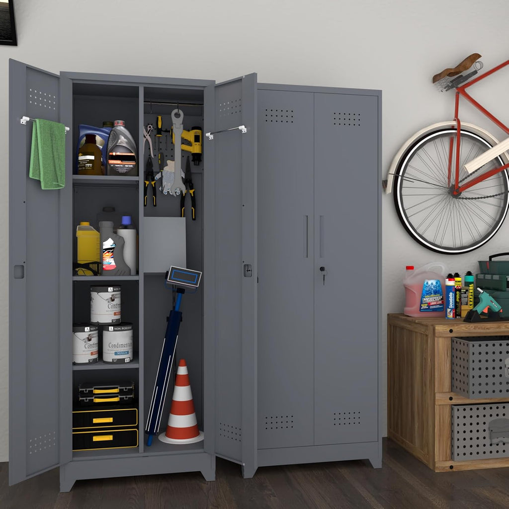 65' H Metal Storage Cabinet,Broom Closet Storage Cabinet with Adjustable Shelves,Locking Steel Cabinets with Pegboard and Hanging Rod,Utility Closet for Brooms and Mops,Grey