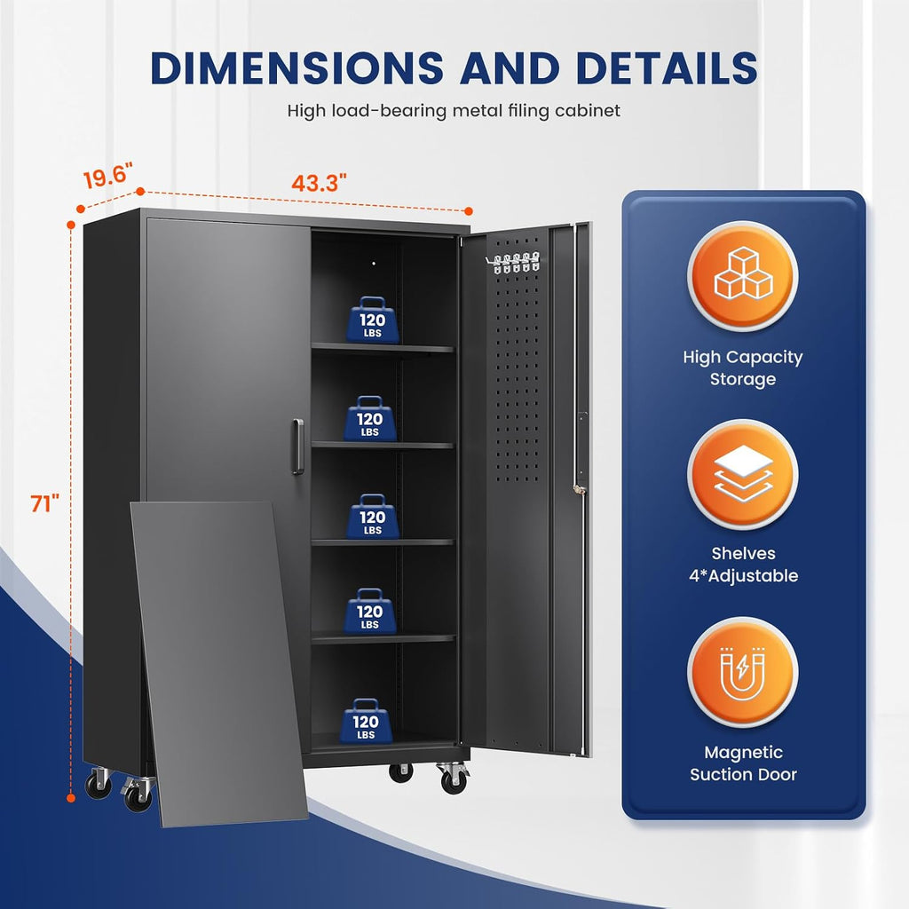 Yizosh Metal Garage Storage Cabinet with Locking Doors and Adjustable Shelves,- 71' Rolling Steel Tool Cabinet for Home Office,Garage,Warehouse