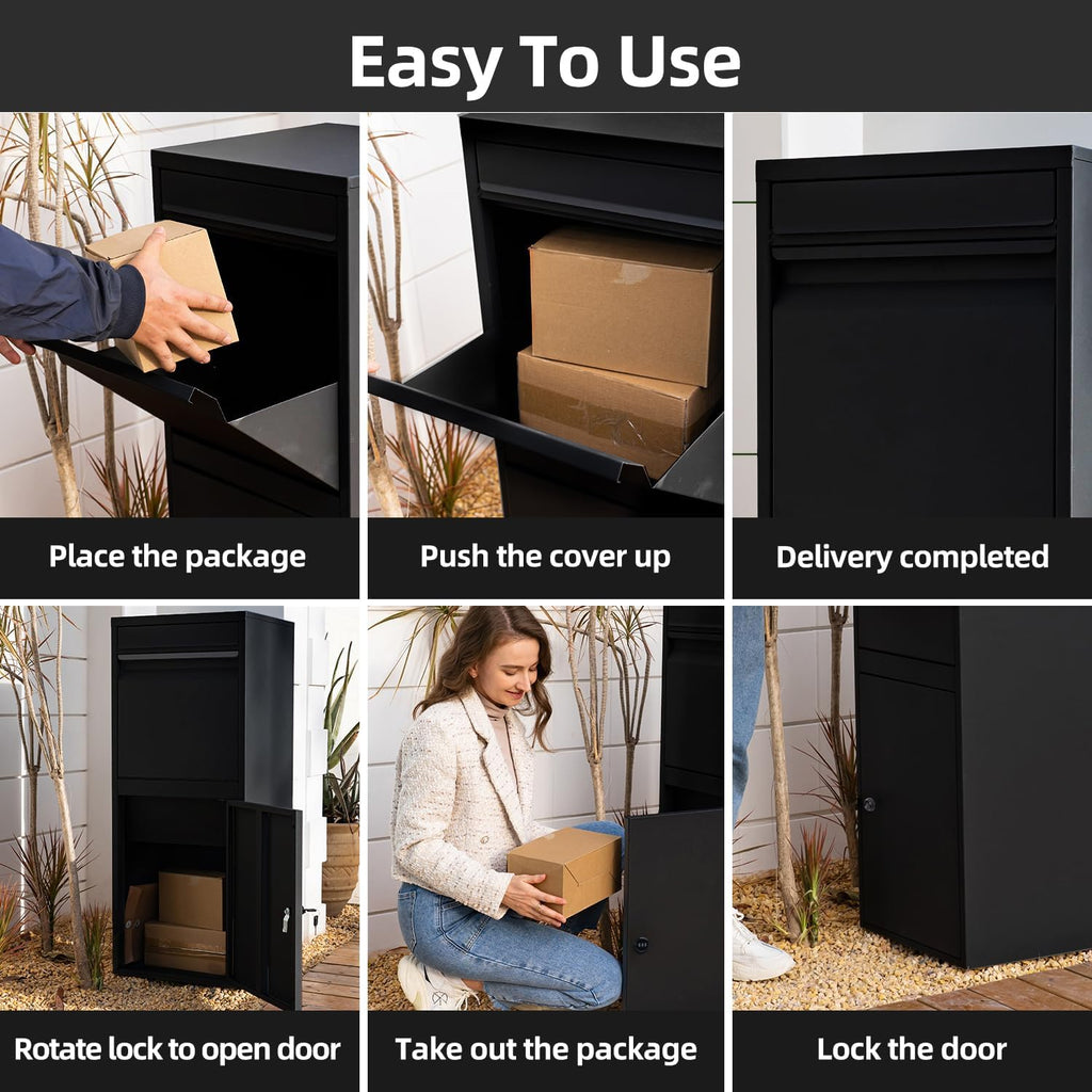 Black Mailboxes for Outside, Anti-Theft Galvanized Steel Large Package Delivery Boxes with Safety Lock, Adjustable Baffle Parcel Drop Box,Windproof and Rainproof Packages Box for front Porch
