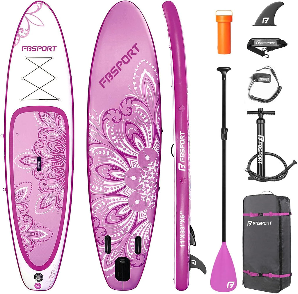 FBSPORT 11' Premium Stand Up Paddle Board, Yoga Board with SUP Accessories & Carry Bag | Wide Stance, Surf Control, Non-Slip Deck, Leash, Paddle and Pump for Youth & Adult