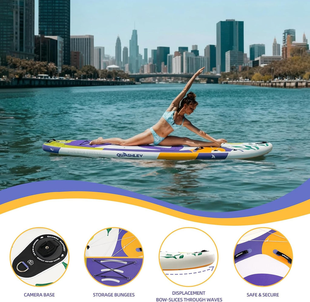 Quashley Inflatable Paddle Board Extra Wide Stand Up Paddleboards 11'×34' with All Premium Paddle Board Accessories,Inflatable SUP for Adults/Family,Beginner-Friendly,Removable Fin,Hand Pump