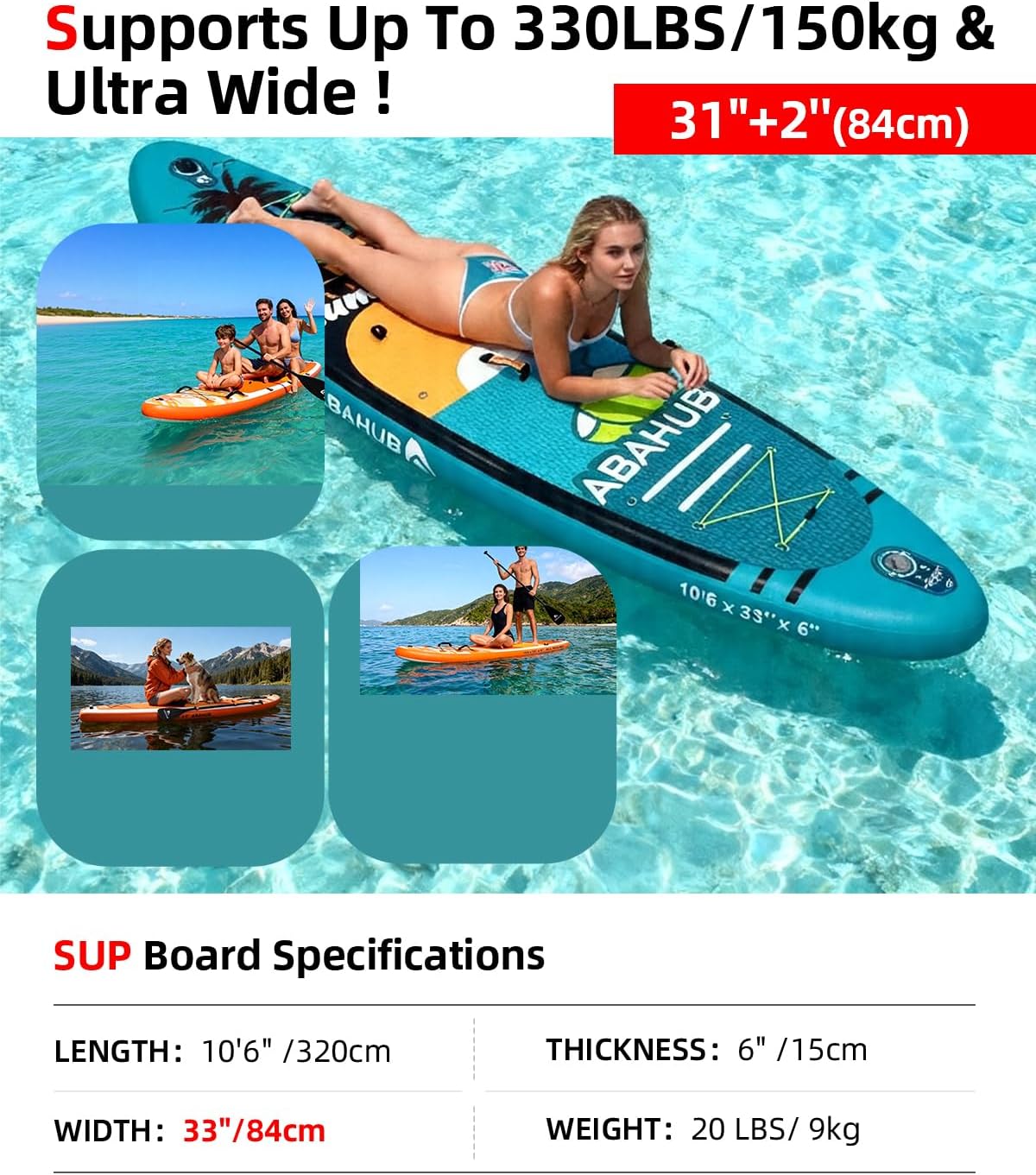 Abahub Inflatable SUP, Wide 10'6' x 31'/34' iSUP, Standup Paddleboard with Adjustable SUP Kayak Paddle, for Yoga, Paddle Board, Kayaking, Surf, Canoe, Fishing