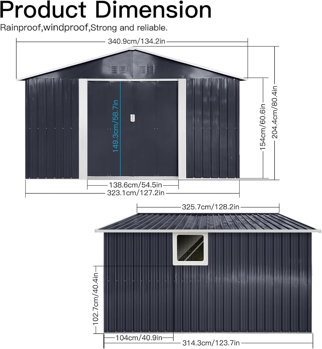 YOPTO 11.2x10.6 FT Outdoor Storage Shed Galvanized Metal Tool Shed with Window and Sliding Door,Waterproof Garden House w/Punched Vents & Locks,for Patio,Lawn,Backyard,Grey
