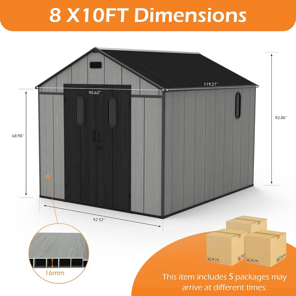 Domi 8x10Ft Resin Outdoor Storage Shed with Floor, Plastic Garden Storage Shed, Outside Weatherproof Storage Building for Tools, Bike, Lawn Mower, Patio, Backyard