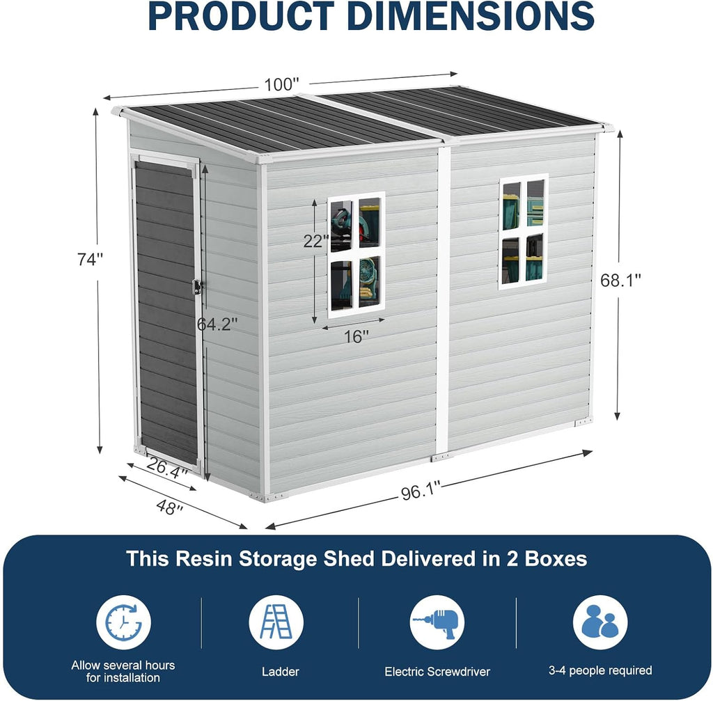 CDCASA 4x8 FT Resin Lean to Shed, Waterproof Outdoor Storage Sheds with Floor & Lockable Door & 2 Windows, Vent, Outside Plastic Tool Shed for Backyard Patio Poolside Lawn, Gray