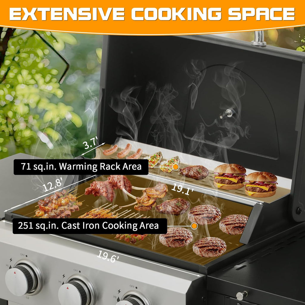 CIG GARDEN 3-Burner Propane Gas Grill,Outdoor Barbecue Grill with Side Tables and Wire Enamel Cooking Grids,31,500 BTU Output Stainless Steel Grill for Patio Garden Camping Backyard BBQ