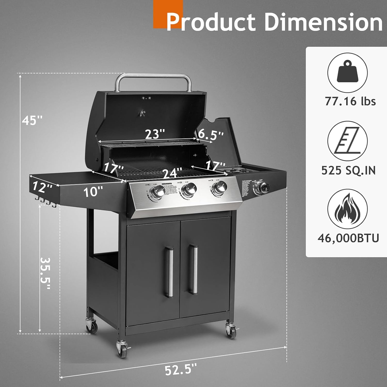 Bonnlo 3 Burner Propane Grills with Side Burner and Porcelain-Enameled Grates, 46000BTU Gas Grill with Side Shelf and Portable Rolling Wheels, Grill for Outdoor Cooking BBQ Patio Backyard