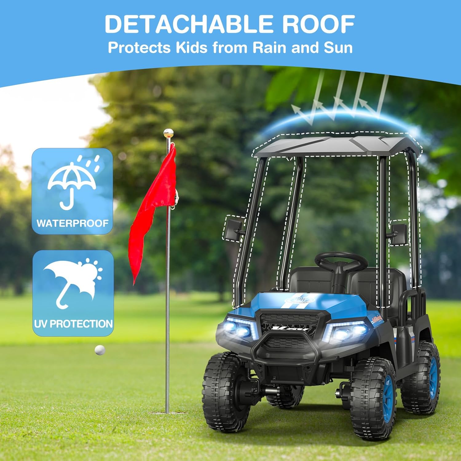 R9 24V Kids Golf Cart, 4 Seats, 4WD Kids Electric Car w/Remote Control, Spring Suspension, Multimedia Functions Including Music, Story, Wireless Connection, Horn, Power Display, Detachable Awning