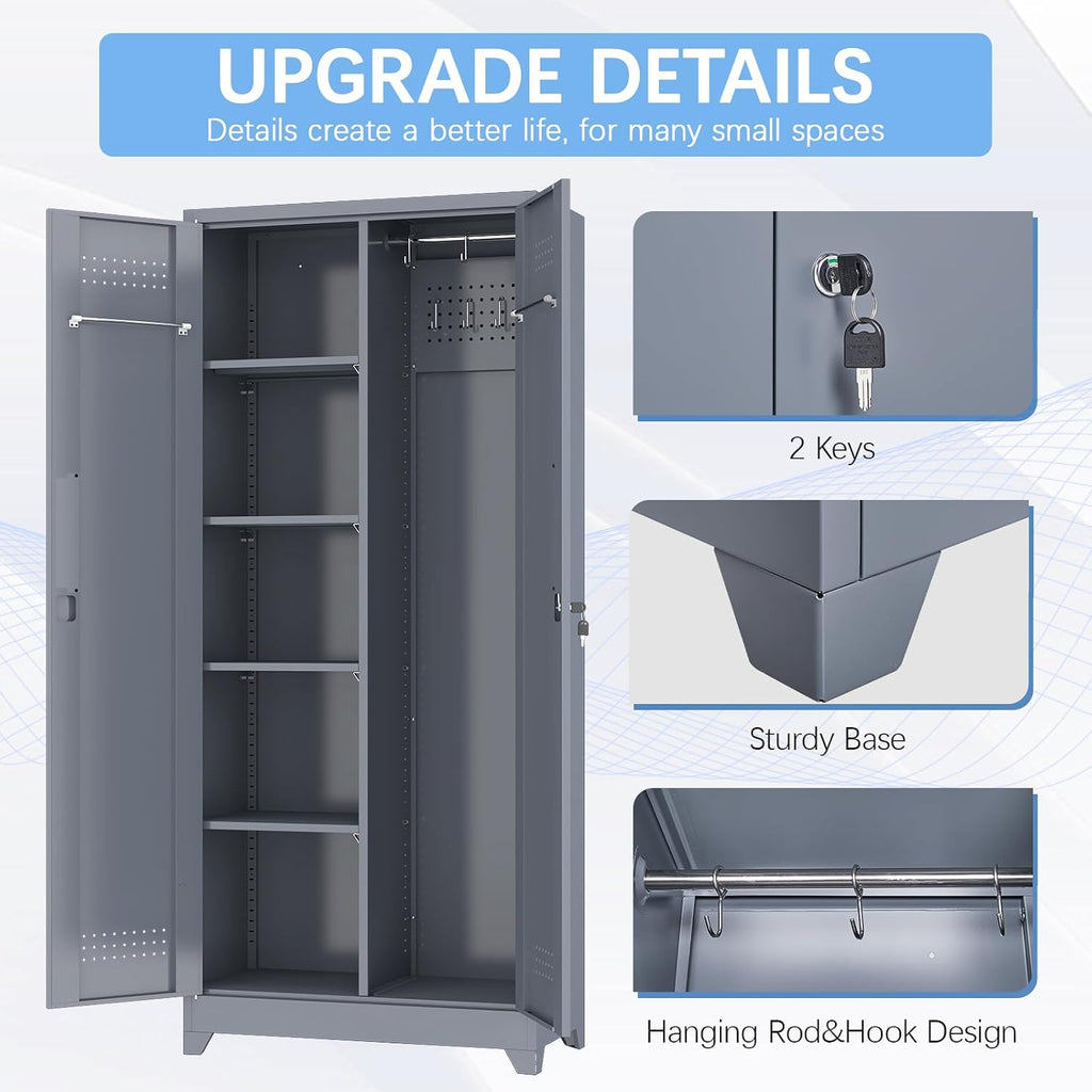 IRONFFICE Metal Garage Storage Cabinets,Metal Broom Closet Storage Cabinet,Utility Cabinets for Brooms and Mops,Steel Tall Cabinet with Shelves for Laundry Room,Bathroom,Home,Grey