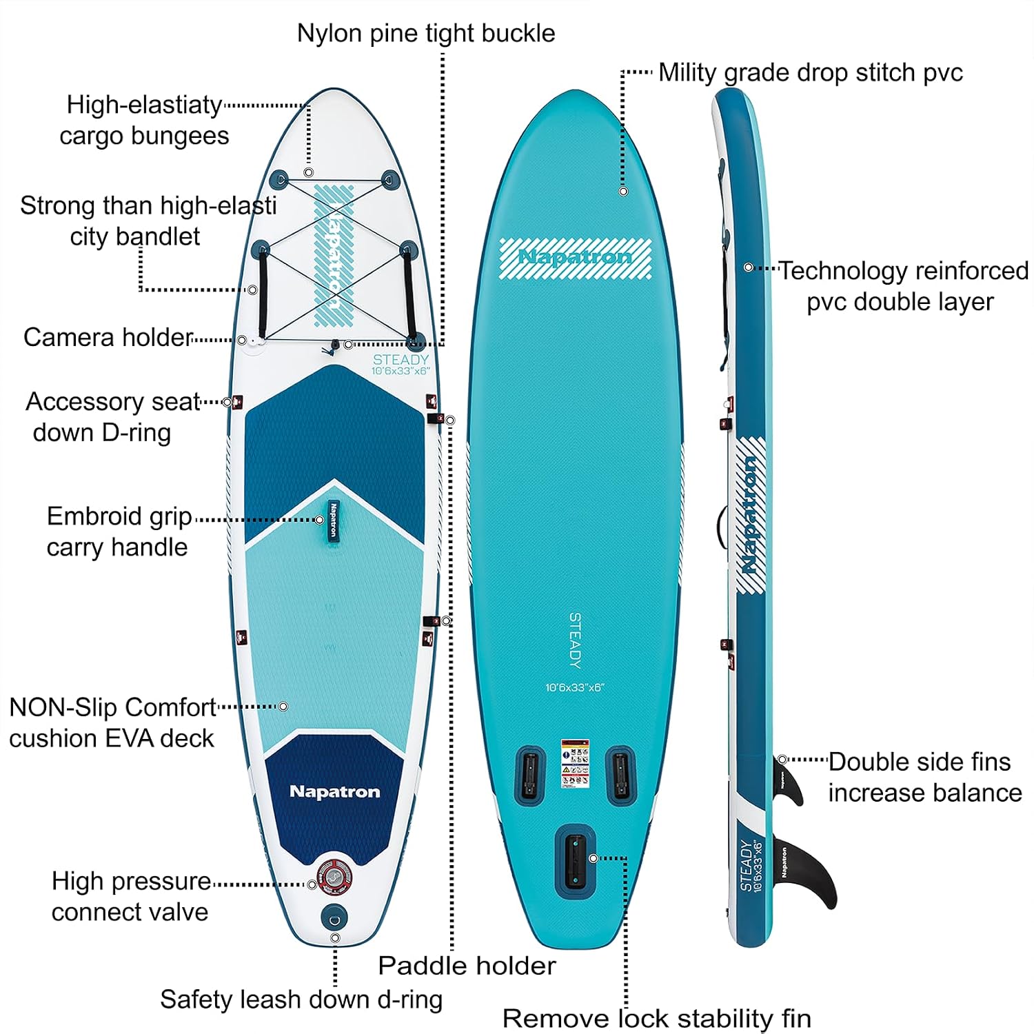 Napatron Inflatable Paddle Board, 10'6' Ultra Lightweight SUP with Adjustable Paddle, Anti-Slip Deck,Coiled Leash & Carry Bag,Stable All-Around Stand Up Paddle Board for Adults