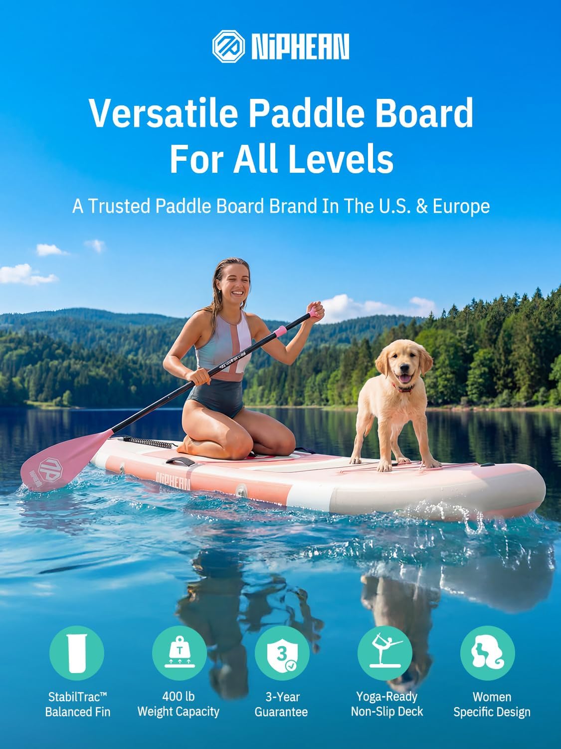 Niphean（Ultra-Light） Inflatable Paddle Board with StabilTrac Fin and Durable SUP Accessories, 10' Stand Up Paddle Boards for Adults & Youth, Versatile Yoga Paddle Board, Gift Ideas