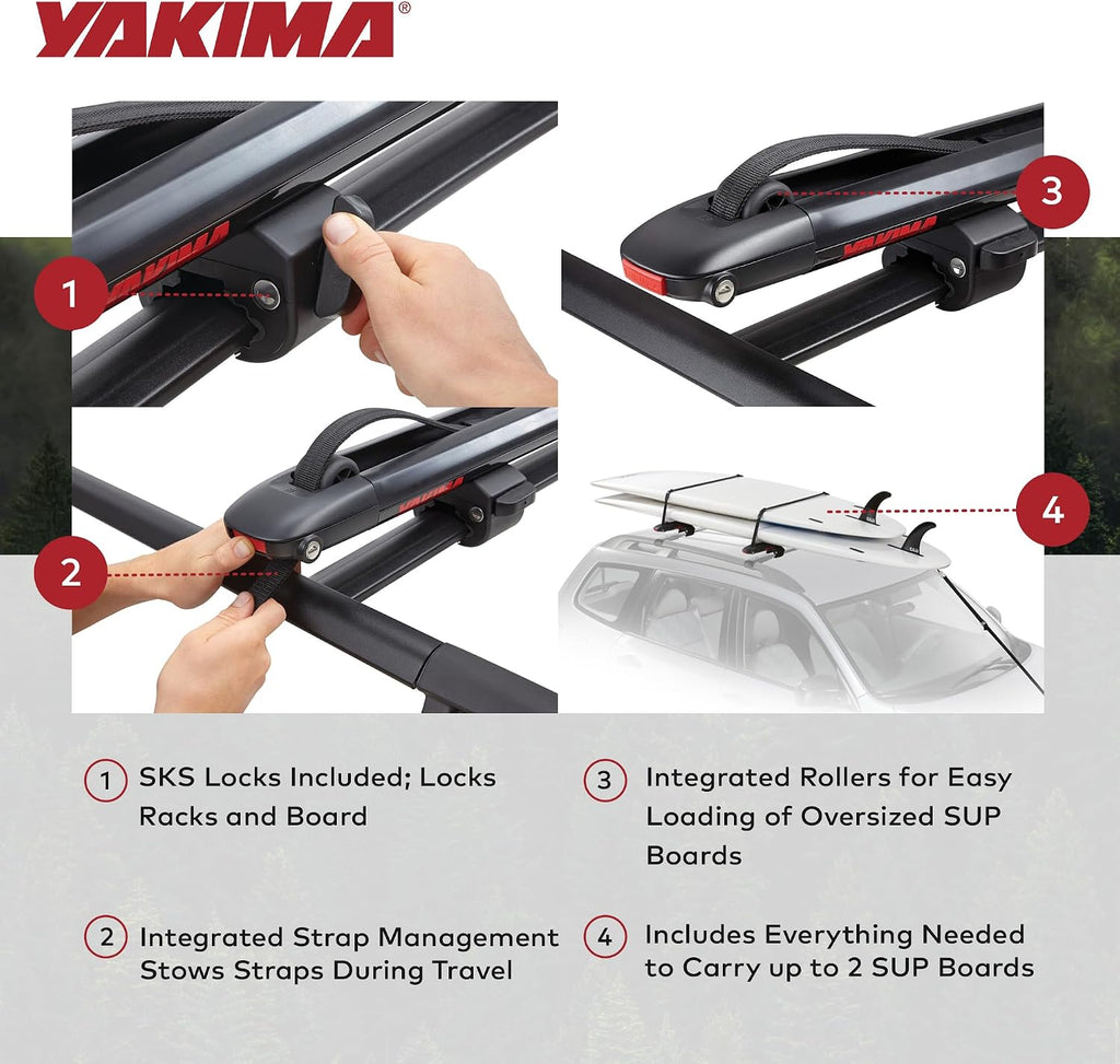 Yakima SupDawg Fully Assembled Rooftop SUP & Surfboard Mount, Holds 2 Boards up to 36' Wide, Tool-Free Installation, Integrated Rollers, SKS Locks