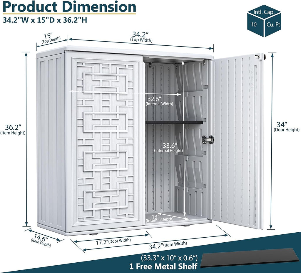HOMSPARK Indoor/Outdoor Storage Cabinet with Doors and Shelf, 34'x15'x36' HDPE Plastic Storage Box Waterproof for Patio, Garden, Balcony, Multi-Purpose for Daily Tools, White