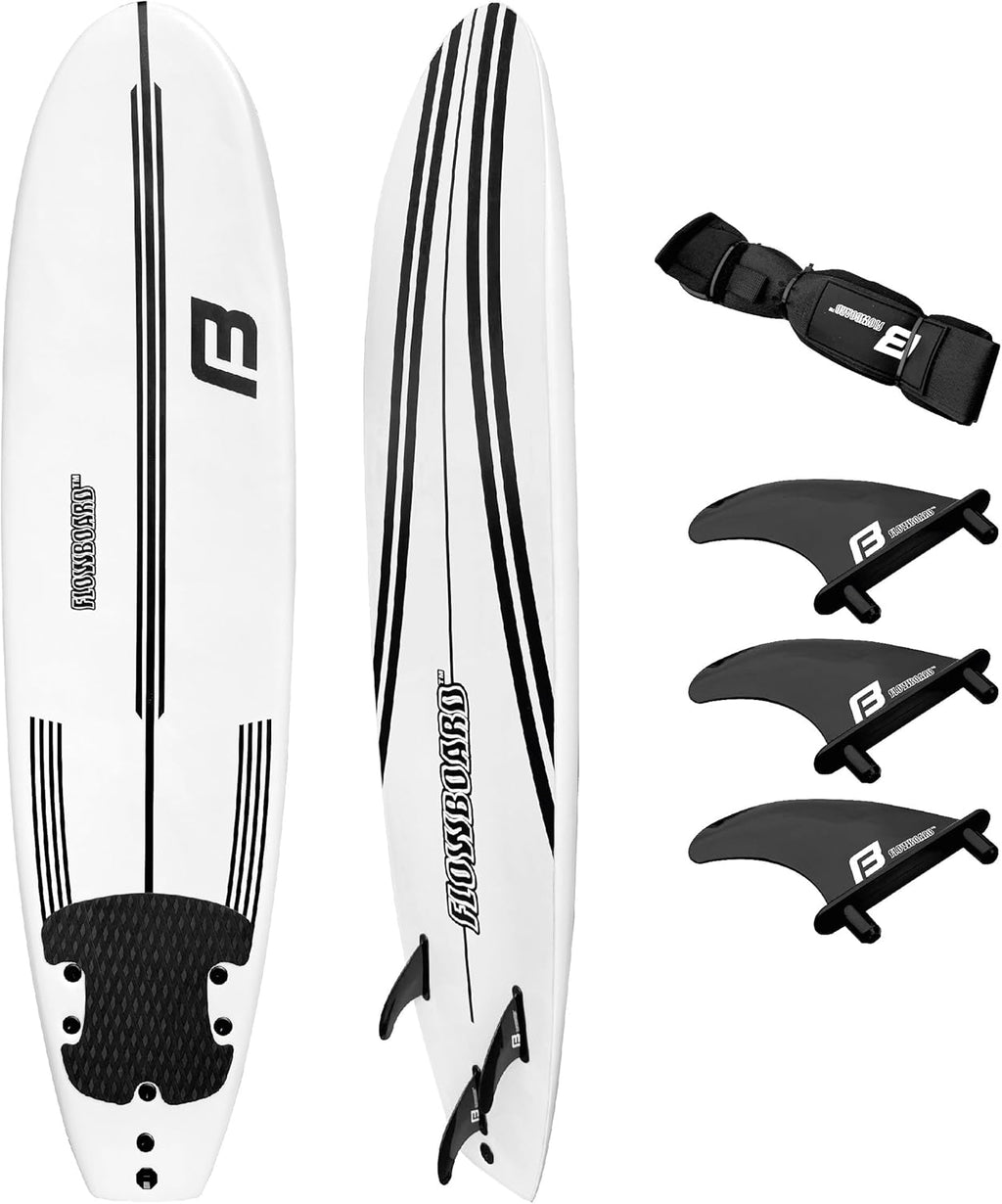 FLOWBOARD Surfboard Softboard Foam - Include (3) Fins 6' Foot Leash and (2) Wood Stringers Inside Board Availalable in 6' and 7' Short Board and 8' Longboard