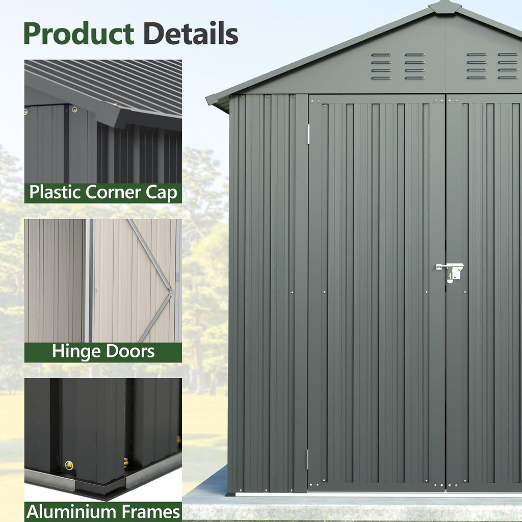 6x6FT Outdoor Storage Shed，Heavy-Duty Metal Storage with Vents and Clear Window