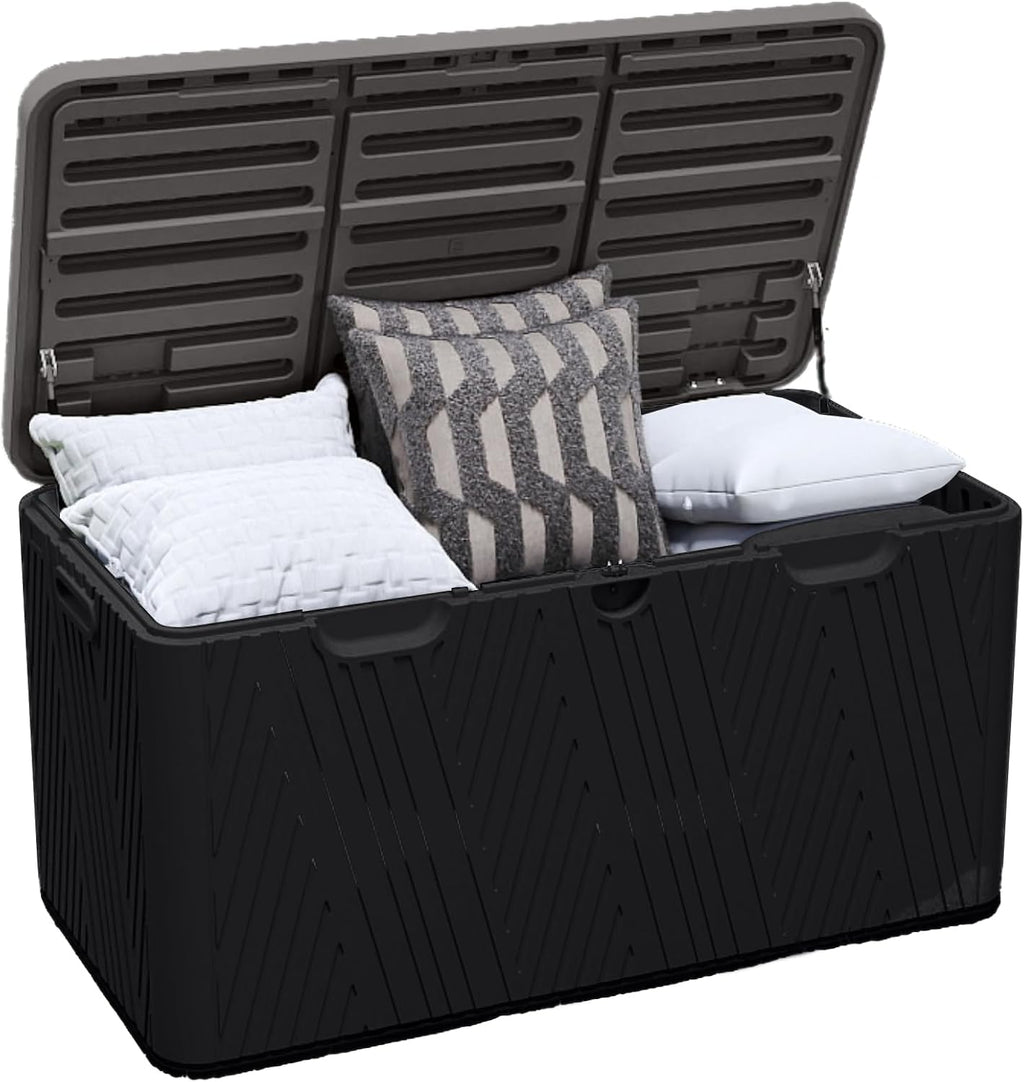 120 Gallon Outdoor Storage Box, Square Resin Deck Box with Hydraulic Lid, Waterproof Plastic Patio Storage for Cushions, Pool Supplies, Garden Tools, Black